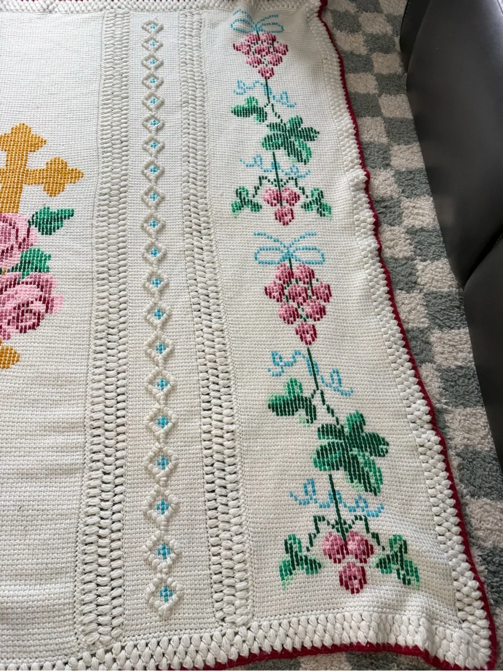 Vintage Crochet Granny Cross Easter Afghan Retro Roses Cross Stitch Blanket